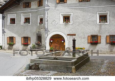 Stock Photo - Old Grisons stone house, Bergün, Grisons, Switzerland, Europe. Fotosearch