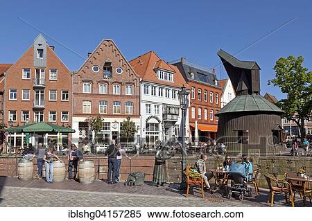 Stock Photography - Old harbour, old wooden crane, Stade, Lower Saxony, Germany, Europe. Fotosearch