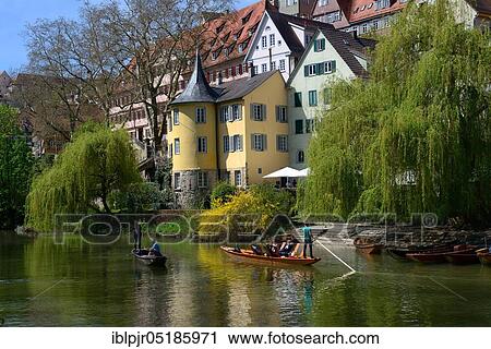 Stock Image - Old town of Tübingen with Hölderlin Tower on the Neckar, punting boat, punting boats, Baden-Württemberg, Germany, Europe. Fotosearch