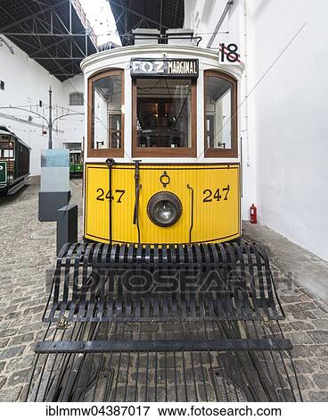 Stock Photo - Old yellow tram, tram museum, Museu do Carro Electrico da Cidade do Porto, Porto, Portugal, Europe. Fotosearch