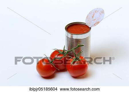 Picture - Opened tin of canned tomatoes and ripe tomatoes. Fotosearch