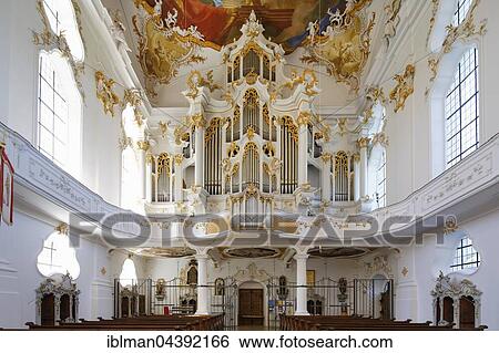 Stock Photograph - Organ gallery in the abbey church, Roggenburg Abbey, Roggenburg, Swabia, Bavaria, Germany, Europe. Fotosearch