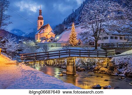 Painter's corner with Ramsauer Ache and parish church with Christmas fir tree, Ramsau, Berchtesgadener Land, Upper Bavaria, Bavaria, Germany, Europe View Large Photo Image Stock Photo - Painter's corner with Ramsauer Ache and parish church with Christmas fir tree, Ramsau, Berchtesgadener Land, Upper Bavaria, Bavaria, Germany, Europe. Fotosearch