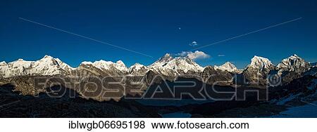 Panorama, view in the evening light from Renjo La Pass 5417 m to the east on Himalaya with Mount Everest, 8848 m, Nuptse, 7879 m, Lhotse, 8516 m, Makalu, 8485 m, Cholatse, 6440 m and Taboche, 6501 m, Khumbu Himal, Himalaya, Nepal, Asia View Large Photo Image Stock Photo - Panorama, view in the evening light from Renjo La Pass 5417 m to the east on Himalaya with Mount Everest, 8848 m, Nuptse, 7879 m, Lhotse, 8516 m, Makalu, 8485 m, Cholatse, 6440 m and Taboche, 6501 m, Khumbu Himal, Himalaya, Nepal, Asia. Fotosearch