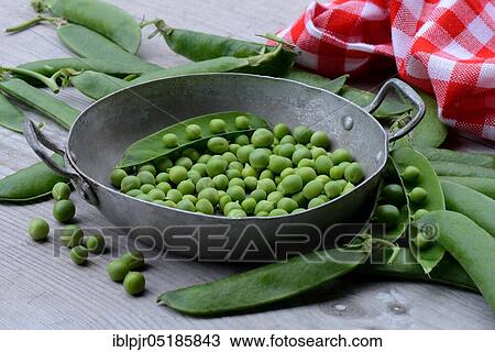 Stock Image - Peas ( Pisum sativum) green in shell and pods. Fotosearch