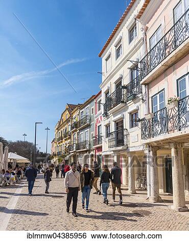 Stock Photograph - Pedestrian zone, colourful houses, Belém, Lisbon, Portugal, Europe. Fotosearch
