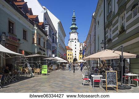 Pedestrian zone in Michalska Street with Michaeler Gate, Old Town, Bratislava, Slovakia, Europe View Large Photo Image Stock Photo - Pedestrian zone in Michalska Street with Michaeler Gate, Old Town, Bratislava, Slovakia, Europe. Fotosearch