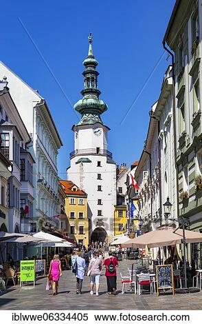 Pedestrian zone in Michalska Street with Michaeler Gate, Old Town, Bratislava, Slovakia, Europe View Large Photo Image Stock Photography - Pedestrian zone in Michalska Street with Michaeler Gate, Old Town, Bratislava, Slovakia, Europe. Fotosearch