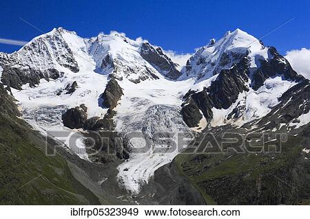 Stock Photo - Piz Bernina, 4049 m, Bianco ridge, Piz Roseg, 3937 m, view from Fuorcla Surlej, Graubuenden, Switzerland, Europe. Fotosearch