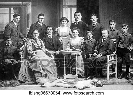 Picture - Portrait, large family, in front a dog fur, historical photo, late 19th century, Esslingen, Germany, Europe. Fotosearch