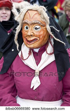 Stock Image - Portrait mask of Swabian-Alemannic carnival, Burgrieden, Baden-Württemberg, Germany, Europe. Fotosearch