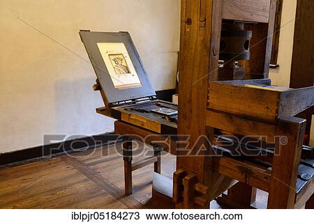 Stock Image - Printing press by Albrecht Dürer, Albrecht Dürer House, Albrecht Dürer House, Nuremberg, Franconia, Bavaria, Germany, Europe. Fotosearch