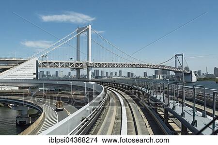 Rail tracks on Rainbow Bridge, Tokyo, Japan, Asia View Large Photo Image Picture - Rail tracks on Rainbow Bridge, Tokyo, Japan, Asia. Fotosearch
