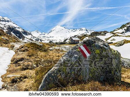 Red and white sign painted on rock marking hiking trail, hut in background, mountains, Rohrmoos-Untertal, Schladming Tauern, Schladming, Styria, Austria, Europe View Large Photo Image Stock Image - Red and white sign painted on rock marking hiking trail, hut in background, mountains, Rohrmoos-Untertal, Schladming Tauern, Schladming, Styria, Austria, Europe. Fotosearch