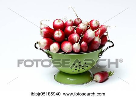 Stock Image - Red-white Red Radish ( Raphanus sativus var. sativus) in sieve. Fotosearch