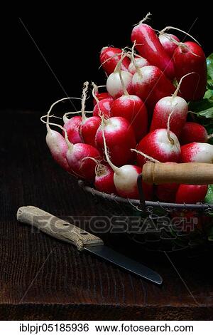 Stock Photograph - Red-white Red Radish ( Raphanus sativus var. sativus) in wire basket and kitchen knife. Fotosearch