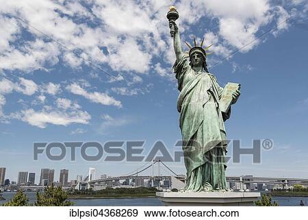 Replica of Statue of Liberty with rainbow Bridge, Odaiba Seaside Park, Tokyo Bay, Japan, Asia View Large Photo Image Stock Photo - Replica of Statue of Liberty with rainbow Bridge, Odaiba Seaside Park, Tokyo Bay, Japan, Asia. Fotosearch