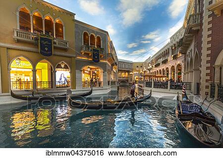Stock Photograph - Replica of Venice, Venetian gondolas on canal, artificial sky, The Venetian Resort Hotel Casino, Las Vegas, Nevada, USA, North America. Fotosearch