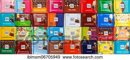 Stock Photo - Ritter Sport chocolates different varieties wallpaper, Germany, Europe. Fotosearch
