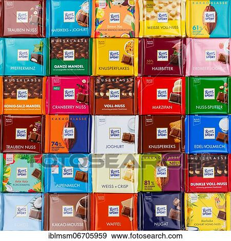 Stock Photo - Ritter Sport chocolates different varieties wallpaper square, Germany, Europe. Fotosearch