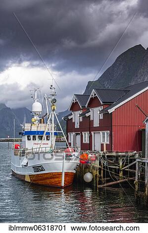 Rorbuer, typical wooden houses, fishing boat in harbour, Reine, Moskenesöy, Lofoten, Nordland, Norway, Europe View Large Photo Image Stock Image - Rorbuer, typical wooden houses, fishing boat in harbour, Reine, Moskenesöy, Lofoten, Nordland, Norway, Europe. Fotosearch