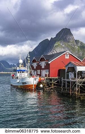 Rorbuer, typical wooden houses, fishing boat in harbour, Reine, Moskenesöy, Lofoten, Nordland, Norway, Europe View Large Photo Image Stock Photography - Rorbuer, typical wooden houses, fishing boat in harbour, Reine, Moskenesöy, Lofoten, Nordland, Norway, Europe. Fotosearch