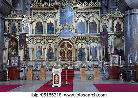 Russian Orthodox Uspenski Cathedral, interior, chancel with iconostasis, altar table, sacral art, Helsinki, Finland, Europe View Large Photo Image Stock Photo - Russian Orthodox Uspenski Cathedral, interior, chancel with iconostasis, altar table, sacral art, Helsinki, Finland, Europe. Fotosearch