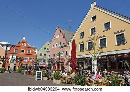 Sidewalk cafes, Small square, Erding, Upper Bavaria, Bavaria, Germany, Europe View Large Photo Image Picture - Sidewalk cafes, Small square, Erding, Upper Bavaria, Bavaria, Germany, Europe. Fotosearch