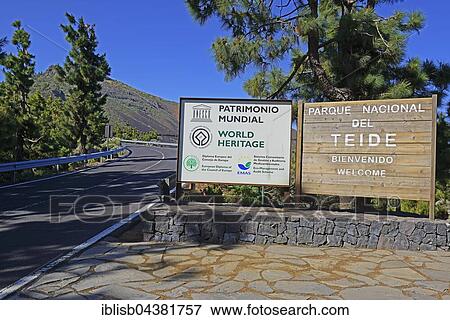 Stock Photo - Sign at Teide National Park entrance, Parque Nacional de las Cañadas del Teide, Tenerife, Canary Islands, Spain, Europe. Fotosearch
