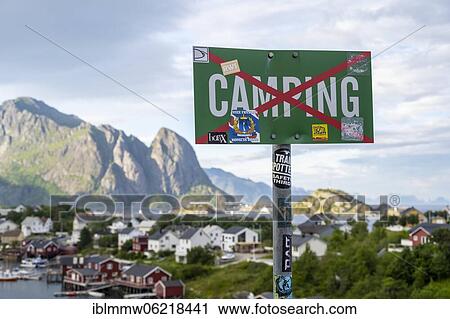Stock Image - Sign Camping prohibited, near Reine, Lofoten, Nordland, Norway, Europe. Fotosearch