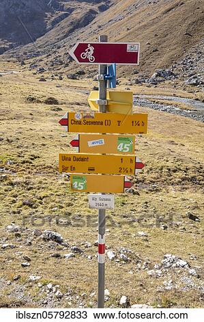 Stock Image - Signpost, Alp Sursass, Val d'Uina, Engadin, Grisons, Switzerland, Europe. Fotosearch