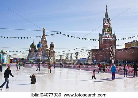 Skating rink on Red Square in winter, St. Basil's Cathedral at the back, Spasskaya Tower of Kremlin on the right, Moscow, Russia, Europe View Large Photo Image Stock Image - Skating rink on Red Square in winter, St. Basil's Cathedral at the back, Spasskaya Tower of Kremlin on the right, Moscow, Russia, Europe. Fotosearch