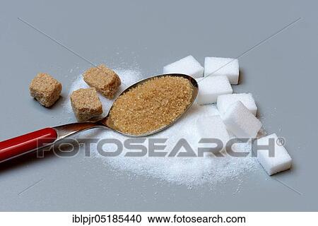 Spoon with cane sugar and white sugar, sugar cubes, brown sugar, beet sugar, sugar crystals, household sugar View Large Photo Image Stock Image - Spoon with cane sugar and white sugar, sugar cubes, brown sugar, beet sugar, sugar crystals, household sugar. Fotosearch
