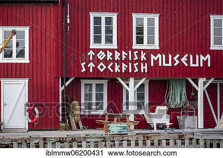 Stock Image - Stockfish Museu, Traditional red stilt house, typical fishermen huts, Å i Lofoten, Lofoten, Nordland, Norway, Europe. Fotosearch