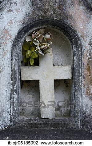 Stock Image - Stone cross in gravestone, Sao Vicente, Madeira, Portugal, Europe. Fotosearch