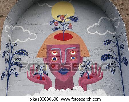 Surrealist female portrait, pink face with double eyes, hands holding plants, mural by Rosa, Victoria Ahlers, Düsseldorf, North Rhine-Westphalia, Germany, Europe View Large Photo Image Stock Photo - Surrealist female portrait, pink face with double eyes, hands holding plants, mural by Rosa, Victoria Ahlers, Düsseldorf, North Rhine-Westphalia, Germany, Europe. Fotosearch