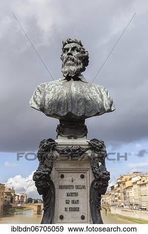 The bust of Benvenuto Cellini by Raffaello Romanelli on the Ponte Vecchio bridge in Florence, Italy, Europe View Large Photo Image Stock Photo - The bust of Benvenuto Cellini by Raffaello Romanelli on the Ponte Vecchio bridge in Florence, Italy, Europe. Fotosearch