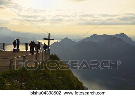 Stock Image - Tourists on the Stoos-Fronalpstock observation deck, view of Rigi and Lake Lucerne, Canton of Schwyz, Switzerland, Europe. Fotosearch