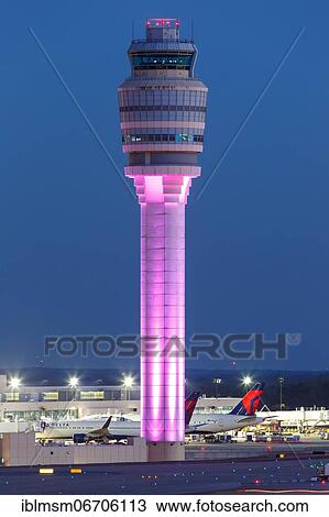 Stock Image - Tower of Hartsfield-Jackson Airport, blue hour, Atlanta, USA, North America. Fotosearch