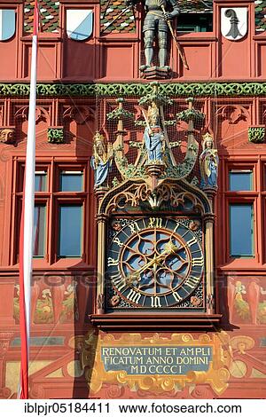 Stock Image - Town hall with town hall clock, city parliament, city government, Basel, Canton Baselstadt, Switzerland, Europe. Fotosearch