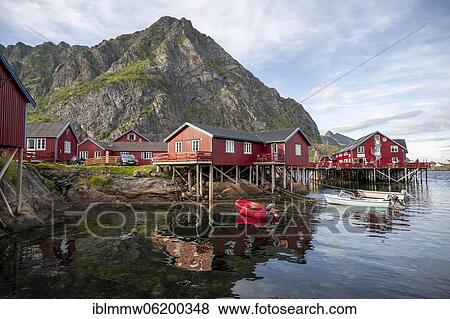 Stock Photo - Traditional red stilt houses, typical fishermen's huts, Å i Lofoten, Lofoten, Nordland, Norway, Europe. Fotosearch