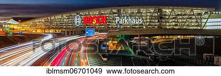 Traffic motorway A8 Messe Stuttgart Bosch parking garage movement speed panorama, Germany, Europe View Large Photo Image Stock Photo - Traffic motorway A8 Messe Stuttgart Bosch parking garage movement speed panorama, Germany, Europe. Fotosearch