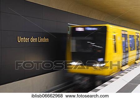 Stock Photo - Train entering the new station Unter den Linden of the underground line U5, Berlin, Germany, Europe. Fotosearch