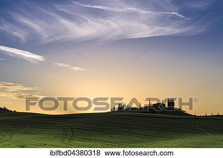 Typical green Tuscan landscape in Bagno Vignoni, Val d’Orcia with a farm on a hill, grain fields, cypresses at sunset, San Quirico d’Orcia, Tuscany, Italy, Europe View Large Photo Image Stock Photo - Typical green Tuscan landscape in Bagno Vignoni, Val d’Orcia with a farm on a hill, grain fields, cypresses at sunset, San Quirico d’Orcia, Tuscany, Italy, Europe. Fotosearch