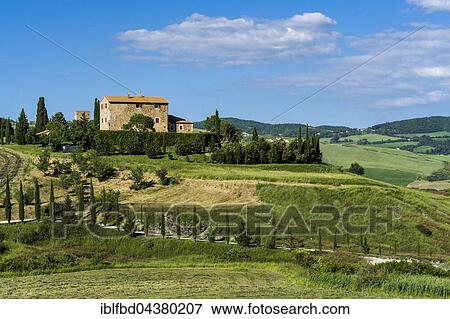 Typical green Tuscan landscape in Val d’Orcia, farm on hill, fields, trees, cypresses and blue cloudy sky, La Foce, Tuscany, Italy, Europe View Large Photo Image Stock Photo - Typical green Tuscan landscape in Val d’Orcia, farm on hill, fields, trees, cypresses and blue cloudy sky, La Foce, Tuscany, Italy, Europe. Fotosearch