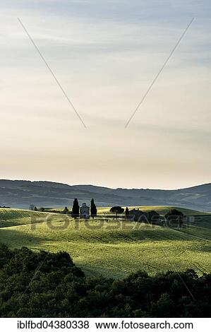 Typical green Tuscan landscape in Val d’Orcia with farm and chapel on hill, fields, cypresses, trees and blue, cloudy sky, San Quirico d’Orcia, Tuscany, Italy, Europe View Large Photo Image Stock Photo - Typical green Tuscan landscape in Val d’Orcia with farm and chapel on hill, fields, cypresses, trees and blue, cloudy sky, San Quirico d’Orcia, Tuscany, Italy, Europe. Fotosearch