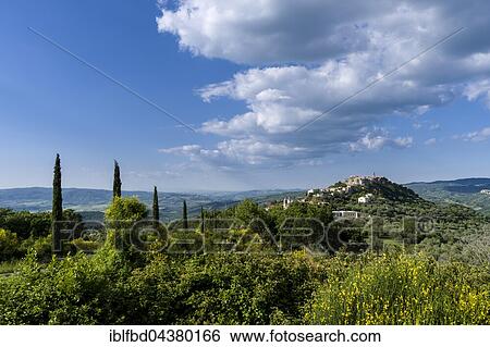 Typical Tuscany landscape with hills and cypresses, in the back a town on a hill, Montegiovi, Tuscany, Italy, Europe View Large Photo Image Stock Photograph - Typical Tuscany landscape with hills and cypresses, in the back a town on a hill, Montegiovi, Tuscany, Italy, Europe. Fotosearch
