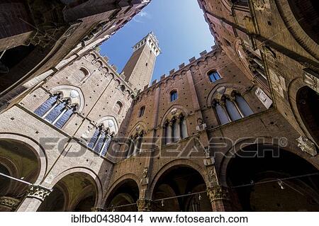 Upwards view of Torre del Mangia from inside Palazzo Pubblico, Siena, Tuscany, Italy, Europe View Large Photo Image Picture - Upwards view of Torre del Mangia from inside Palazzo Pubblico, Siena, Tuscany, Italy, Europe. Fotosearch