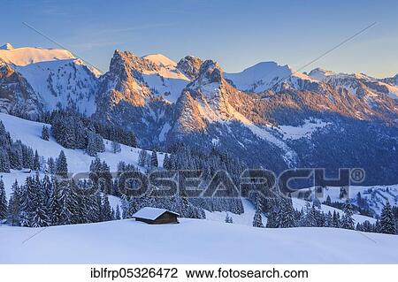 Stock Image - View from Jaunpass into Simmental valley, with Mittagflue, 1866m, Bernese Oberland, Switzerland, Europe. Fotosearch