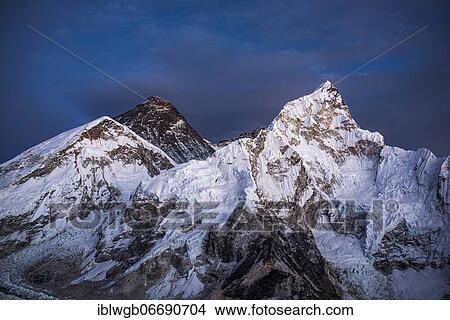 Picture - View from Kala Patthar in the evening light on Mount Everest, 8848 m, Chomolungma, Sagarmatha, and Nuptse west flank with Khumbu glacier, Sagarmatha National Park, Khumbu Himal, Himalaya, Nepal, Asia. Fotosearch